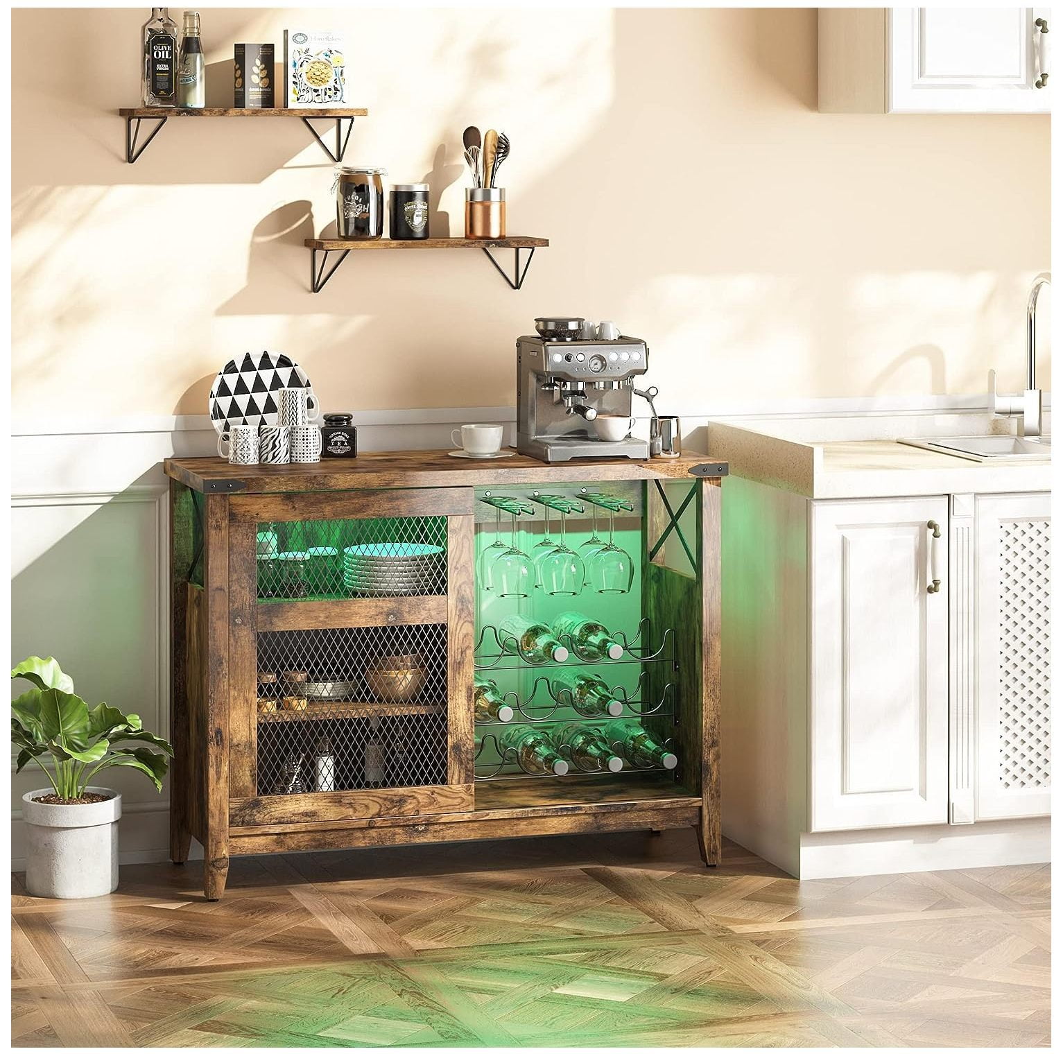 GnHoCh Wine Bar with Led Lights Mini Liquor Whiskey Hutch Cocktail Storage Buffet