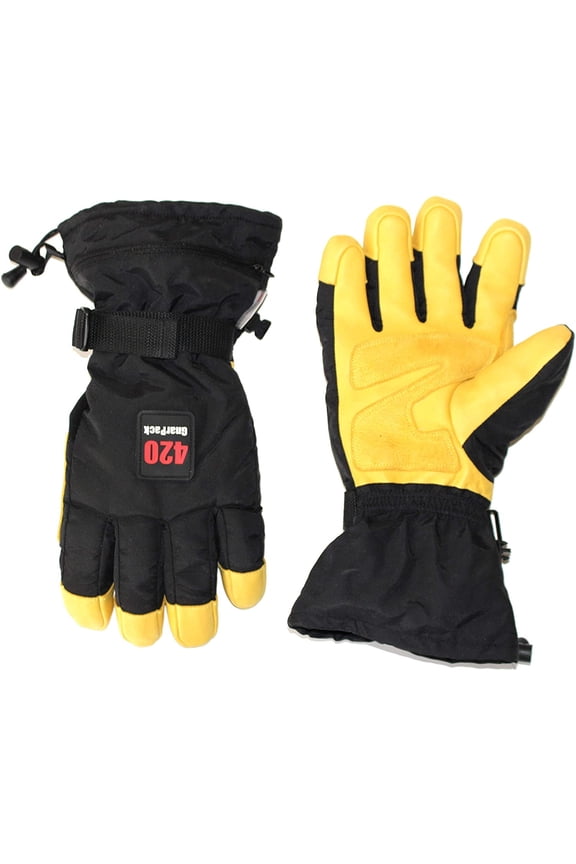420 WINTER SKI/SNOWMOBILE/SNOWBOARD GLOVES for Men - Waterproof, Thinsulate Thermal Insulation, Goatskin Leather Palm and Fingers with Double Reinforced Z patch -Small