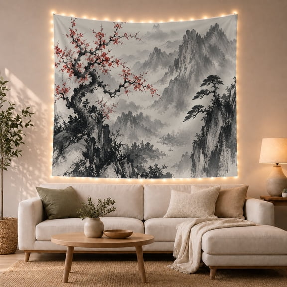 Gnarled Red Blossom Tree in Misty Mountain Landscape, Serene Japanese Inspired Art for Nature Lovers, Ink-Wash Scene Decor, Housewarming Gift Tapestry Wall Hanging for Bedroom and Living Room