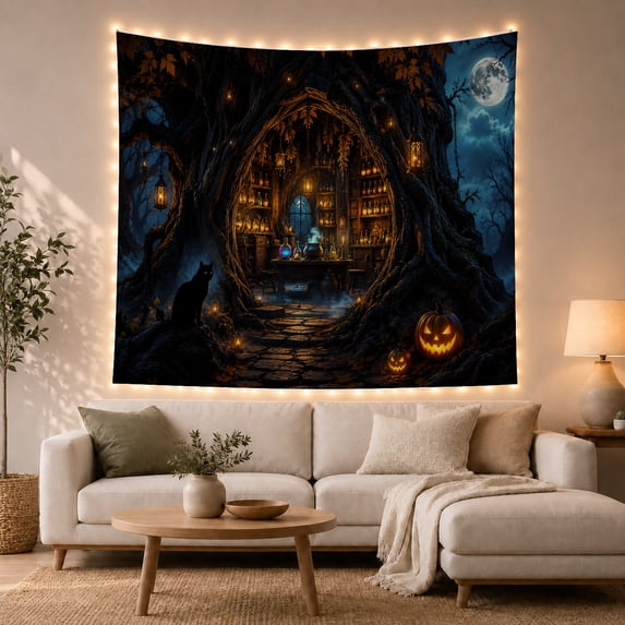 Gnarled Tree Archway to Witch Workshop with Black Cat, Mystical Gothic for Dark Art Lovers, Witchy Room Decor, Halloween Gift, Tapestry Wall Hanging for Bedroom and Dorm