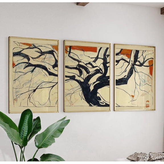 Gnarled Tree Japanese Woodcut Style Wall Art Version 2, Stretched Canvas