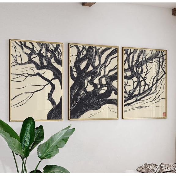 Gnarled Tree Japanese Woodcut Style Wall Art Version 4, Stretched Canvas