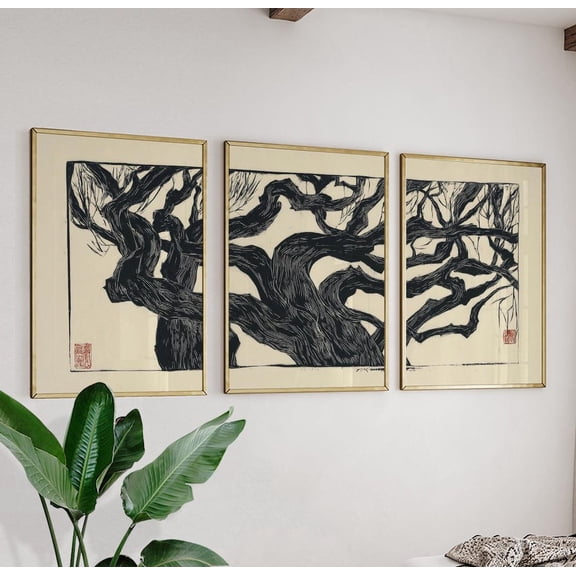 Gnarled Tree Japanese Woodcut Style Wall Art Version 5, Stretched Canvas