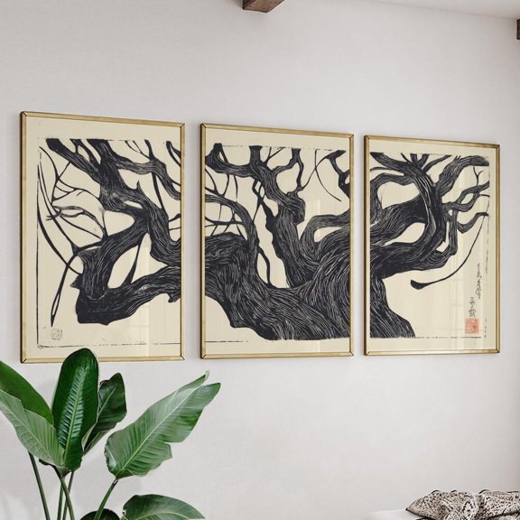 Gnarled Tree Poster Japanese Woodcut Style Wall Art Set 3 Unframed Paper Print 16x24