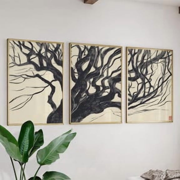 Gnarled Tree Poster Set Of 3 Japanese Woodcut Style Wall Art, Poster Only