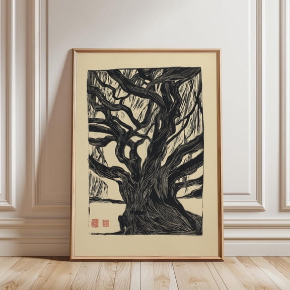 Gnarled Tree Woodcut Japanese Ink Style Illustration Nature Art Print Unframed Paper Print