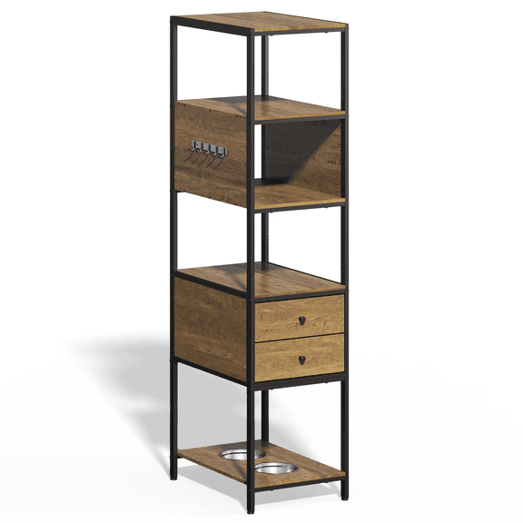 Gneriec Industrial Bookshelf with 2 Stainless Steel Dog Bowls Standing Display Shelf