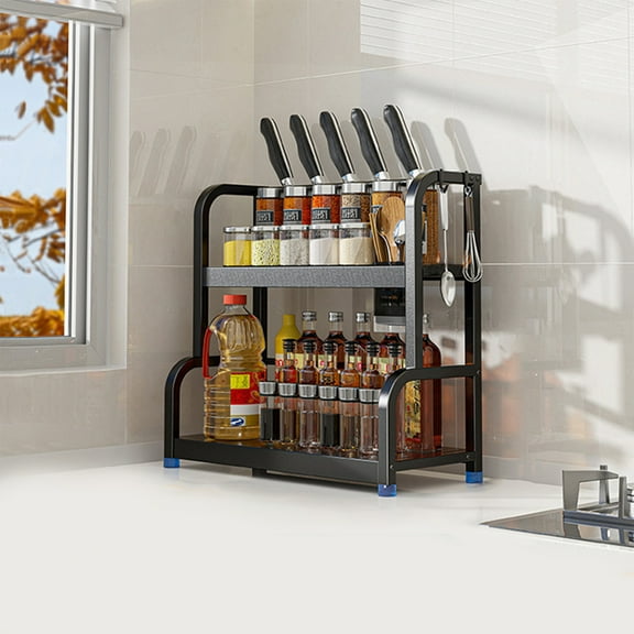 Gnmfd 2-Tier Kitchen Shelf Countertop Storage Rack, Stainless Steel Spice Oil Vinegar Organizer with Multiple Levels, Space-Saving Pantry Storage Cabinet for Kitchen Accessories and Containers