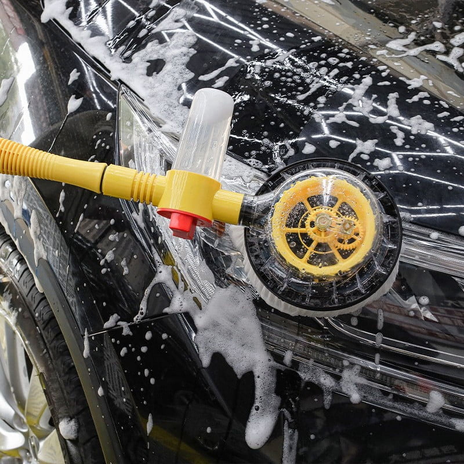 Gnmfd 360° Rotating Car Wash Brush Long Handle Hose Attachment with Soap Dispenser, Automatic Foaming Car Cleaning Kit with 5 Spray Modes for Car Yard Garden Washing