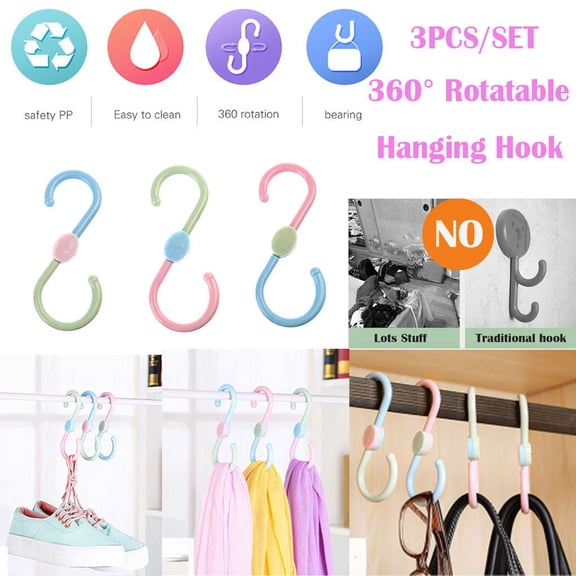 Gnmfd 3pcs Rotatable Plastic Hooks Closet Organizer for Wardrobe Kitchen Bathroom Hanging Shoes Bags Towels Storage Cabinet Cube Storage Organizer Over the Toilet Storage Shelves