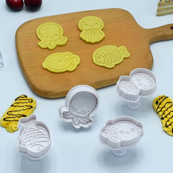 Gnmfd 4-Piece Cookie Fondant Stampers Sea Animals Baking Kit, DIY Spring-Action Cookie Cutter for Pie Crust Pastries Dough Embossing, BPA-Free Kitchen Baking Supplies Tools