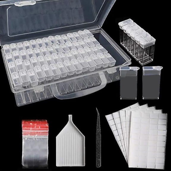 Gnmfd 64-Compartment 5D Diamond Painting Storage Box with Removable Lids White Funnel Tweezers Sticker Sheets for Beads Jewelry Nail Art Accessories Organizer Storage Bin Craft Supplies