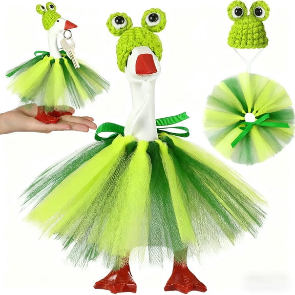 Gnmfd 7 Inch Mini Desk Gooses Costume with Frogs Hat and Green Tutus Dress, Miniature Table Goose Outfit for Magnetic Figurines, Holiday Party Décor, Desk Display Accessories