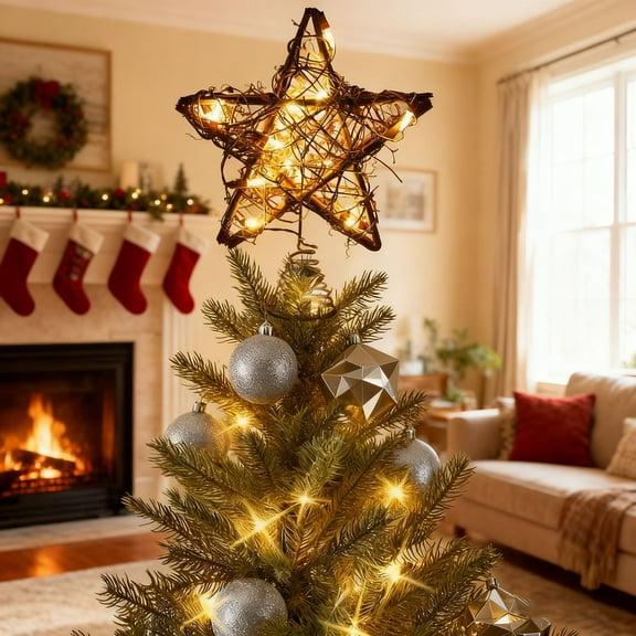 Gnmfd Christmas Tree Top Star Ornament for Holiday Decorations, Metal Five-Pointed Star with LED Light for Christmas Tree Topper, Home Party Indoor Outdoor Holiday Decor