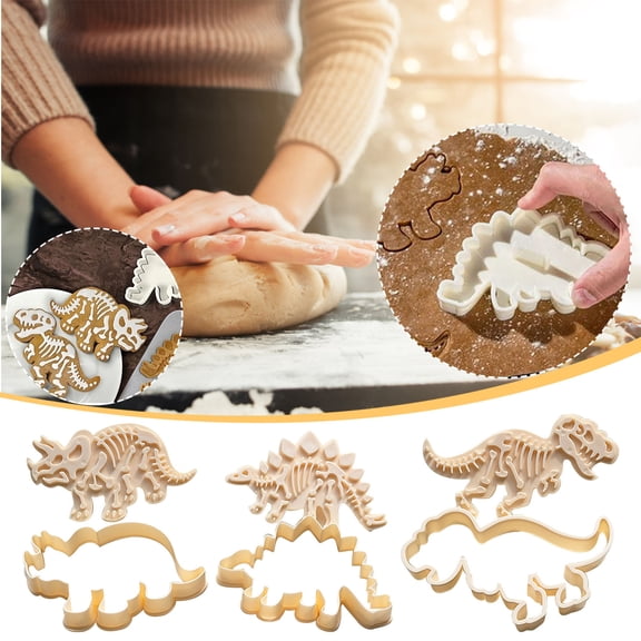 Gnmfd Dinosaur Cookie Cutter Set 3-Piece PVC Baking Tools, Fun Dinosaur Stampers and Cutters for Fondant, Dough, Chocolate, Biscuit Making, Kitchen Gift, Party Favors, Baking