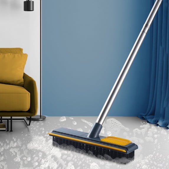 Gnmfd Floor Scrub Brush with Long Handle, 2-in-1 Scraper Bristle Cleaner for Bathroom Kitchen Patio Walls, Fan Shaped Dual Bristles for Corners, Wet Dry Cleaning for Home Floors Tiles