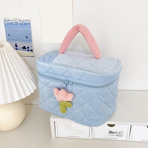 Gnmfd Handheld Makeup Bag for Travel, Large Capacity Velvet Cosmetic Organizer, Stylish Color Blocking Design, Portable Cosmetic Storage Bag for Lipstick, Perfume, and Daily Essentials