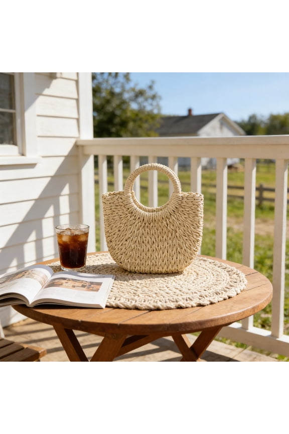 Handmade Straw Rattan Tote Bag, Summer Beach Travel Handbag, Spacious Woven Carry With Round Ring Handles, Lightweight Boho Style, Natural Beige, Fits Towels Sunscreen Picnic Essentials