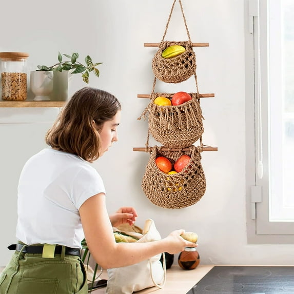 Gnmfd Hanging Fruit Baskets 3 Tier Door Storage Boxes, Handwoven Jute Wall Baskets for Kitchen Living Room Bathroom Bedroom, Decorative Storage Solution for Fruits Vegetables Household Organization