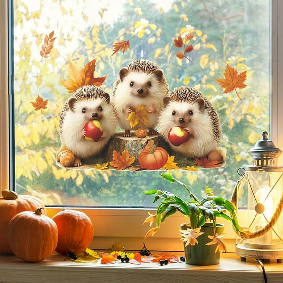 Gnmfd Hedgehog Apples Leaves Window Sticker 29"x40" Removable PVC Wall Decor, Autumn Home Bedroom Living Room Office Decoration, Easy Peel-and-Stick Seasonal Home Beautification Accent