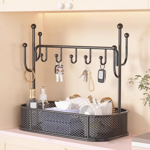 Gnmfd Iron Entryway Storage Shelf for Keys Mail Accessories, Decorative Desktop Rack with Hooks and Wide Basket, Multi-Purpose Organizer for Home Office Entryway Bedroom