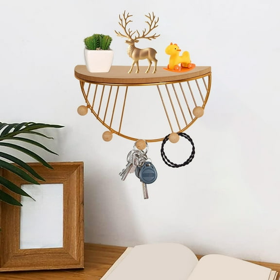 Gnmfd Iron Fan Shaped Storage Shelf Wall Hanging Organizer for Living Room Bedroom Study Decorative Hooks Display Rack Storage Shelves Glass Storage Toy Organizers and Storage