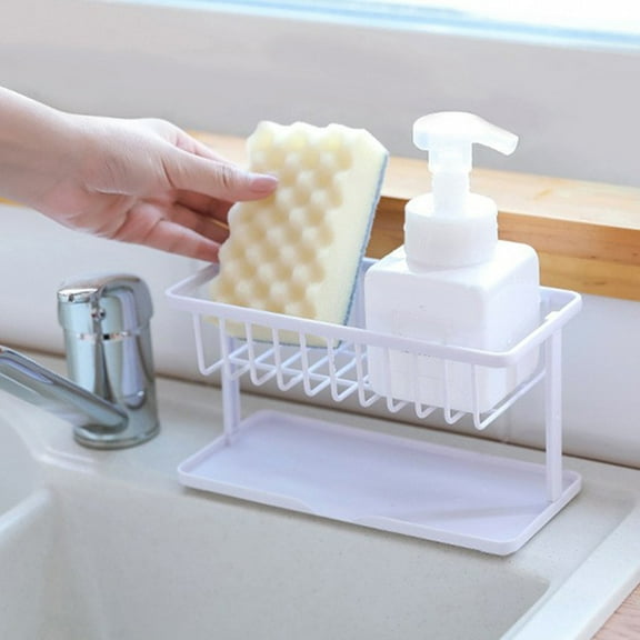 Gnmfd Kitchen Sink Sponge Organizer Double Shelf Rack with Drain Tray Soap Dispenser Storage, Non Slip Multi Functional Countertop Organizer for Kitchen Bathroom Cleaning Supplies