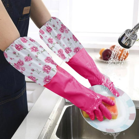 Gnmfd Long Rubber Velvet Cleaning Gloves Non Slip Dishwashing Household Gloves for Kitchen Laundry Car Wash Pet Grooming Garden Work