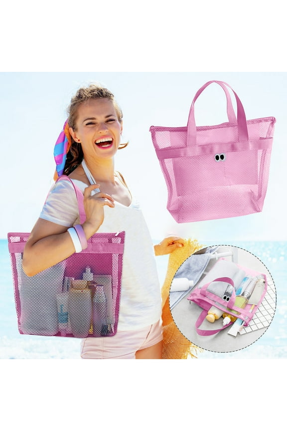 Mesh Beach Tote Bag Portable Travel Toiletry Pool Storage Bag with Shoulder Strap, Large Capacity Classified Storage for Towels Shoes Sunglasses, Toy Organizers