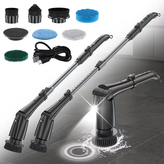 Gnmfd Multi-Functional Wireless Handheld Cleaning Brush, 9-in-1 Electric Mop with LCD Display, High-Speed Rotating Brush for Bathroom Kitchen Tiles Floors, Extension Arm for Hard-to-Reach Cleaning