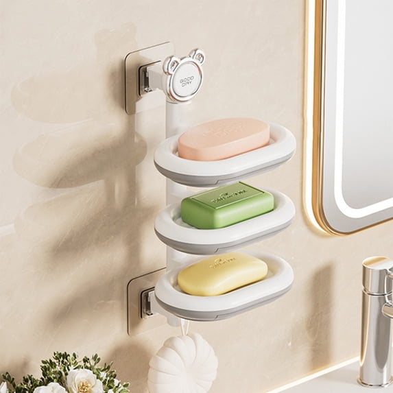 Gnmfd No-Drill Rotating Soap Box Wall Mounted Multi-Layer Soap Storage Container with Swivel Tray for Bathroom Kitchen, Compact Vertical Organizer with Efficient Drainage and Partitioned Storage