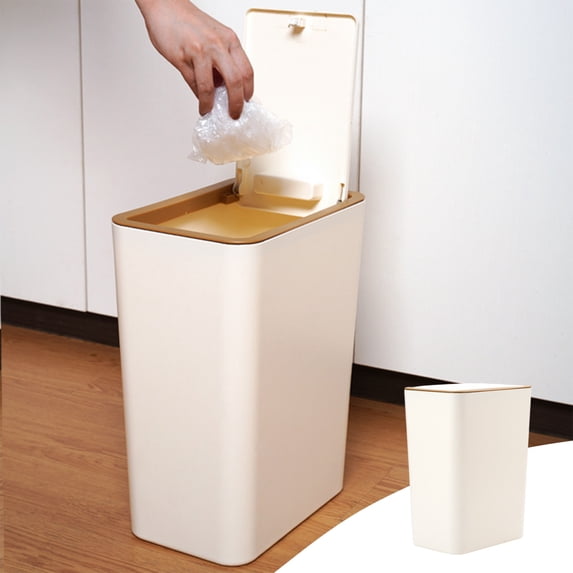 Gnmfd Plastic Garbage Bin with Press Top Lid Wastebasket for Home Kitchen Bathroom Slim Space Saving Trash Can with Easy Open Cover Storage Essentials for Office Garage