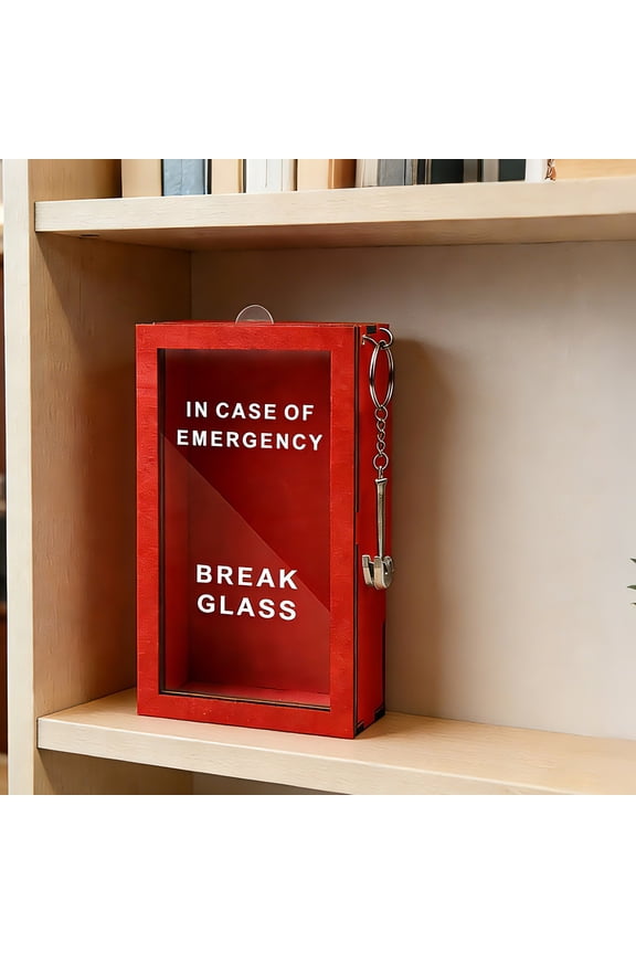 Red Emergency Break Glass Box, Novelty Decorative Desk Storage, Wood Gift Case With Clear Window, Secure Small Item Holder, Funny Gag Gift Or Practical Container For Home Office