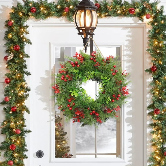 Gnmfd Red Fruit Christmas Wreath Door Hanging Prop Decoration Ornament, Handcrafted Holiday Home Decor, Indoor Outdoor Christmas Party Decoration for Front Door Living Room Kitchen