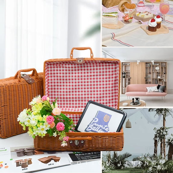 Gnmfd Retro Imitation Rattan Storage Box with Lid, Portable Organizer for Wedding Photography Souvenirs Home Decorations, Desktop Storage Cabinet, Cube Storage Organizer, Christmas Party Favors