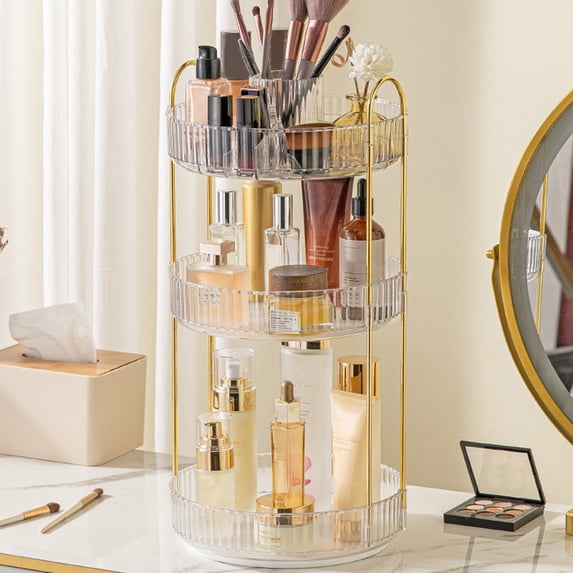 Gnmfd Rotatable Desktop Toiletry Storage Box, Multi-Layer Makeup Organizer with Brush Holder, Smooth Carousel Keeps Cosmetics Tidy, Space-Saving Vanity Storage for Bedroom Bathroom
