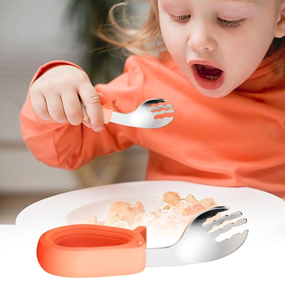 Gnmfd Short Handled Fork Spoon 316 Stainless Steel Tableware, Ergonomic Elbow Training Utensil for Feeding Complementary Food Meals Dining Household Tableware Kitchen Use