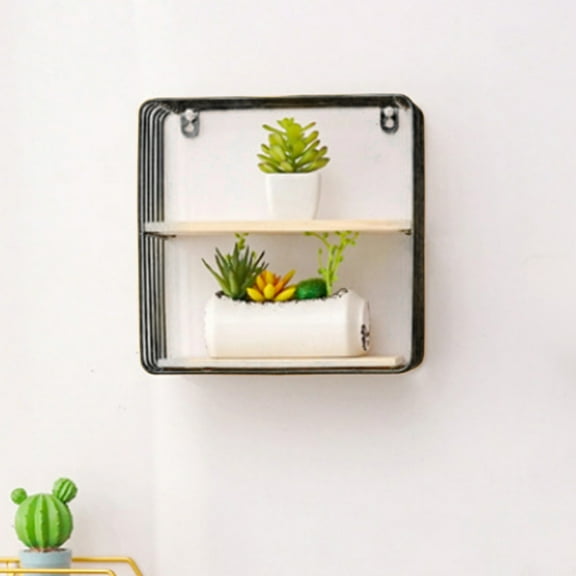 Gnmfd Square Double Layer Wall Shelf, No Drill Hanging Storage Rack for Plants Figurines Accessories, Living Room Bedroom Organizers and Storage for Home Decor Kitchen Bathroom Essentials