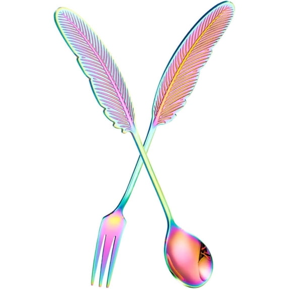 Gnmfd Stainless Steel Feather Spoon And Fork Set 2pc, Elegant Dessert Spoon Coffee Spoon Fruit Fork Tableware, Perfect For Daily Meals, Dinner Parties, Weddings, Picnics, Travel, Office Use
