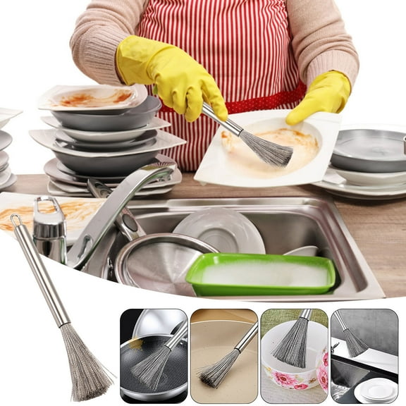 Gnmfd Stainless Steel Pot Brush Long Handle Kitchen Cleaning Brush for Pans Pots Non Scratch Decontamination Tool Strong Cleaning Power Easy Hanging Compact Brush for Home Dishwashing