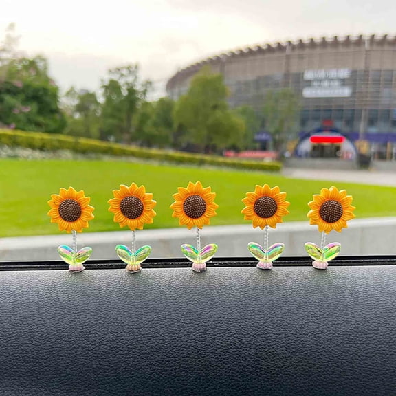 Gnmfd Sunflower Car Dashboard Ornament Spring Rocking Decoration Set 5pcs Cute Car Interior Gift Home Office Desk Accessories Dashboard Decor Jewelry Organizers Storage Shelves