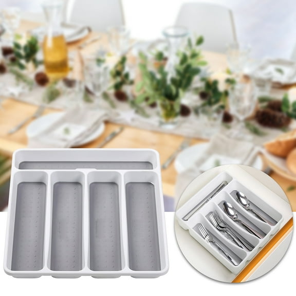 Gnmfd Tableware Storage Box Kitchen Drawer Organizer Flatware Tray with 5 Compartments Non-Slip Lining for Forks Knives Spoons Cutlery Storage Cabinet Organizer and Storage Drawers