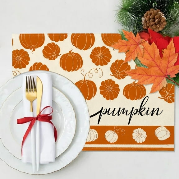 Gnmfd Thanksgiving Decorative Placemat Potholder Orange Table Setting for Holiday Meals Parties, Festive Dining Decor Accent, Oil-Absorbent Reusable Linen Placemat for Family Gatherings