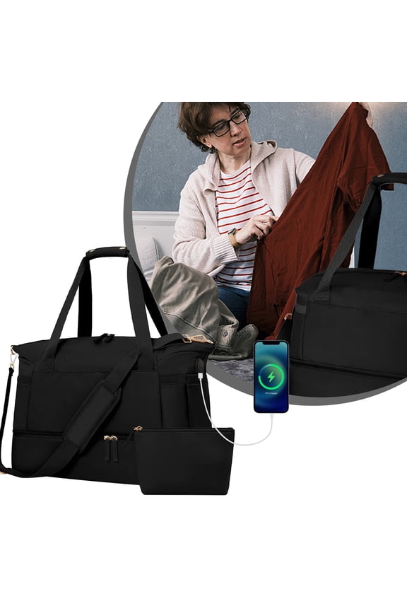 Travel Duffel Bag for Women, Weekend Carry-On Gym Tote with Shoe Compartment, Wet Pocket and USB Charging Port, Storage Bag for Travel, Sports, Weekend Getaways and Gym Essentials