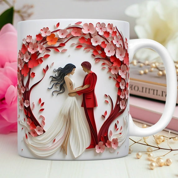 Gnmfd Valentine's Day Wedding Theme Ceramic Mug, Office Home Drinking Coffee Tea Hot Chocolate Cup Gift for Romantic Celebration and Couple Parties