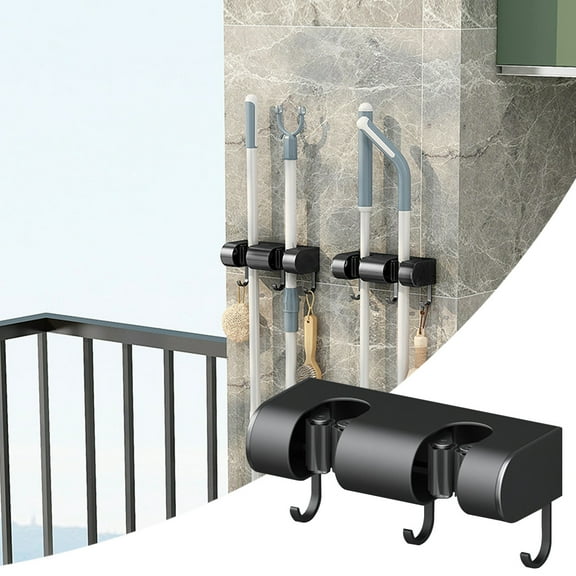 Gnmfd Wall Mounted Broom Mop Rack Organizer with Clamps and Hooks, Heavy Duty Garage Laundry Kitchen Storage Rack for Cleaning Tools, Space-Saving Organizer for Pantry Closet Bathroom