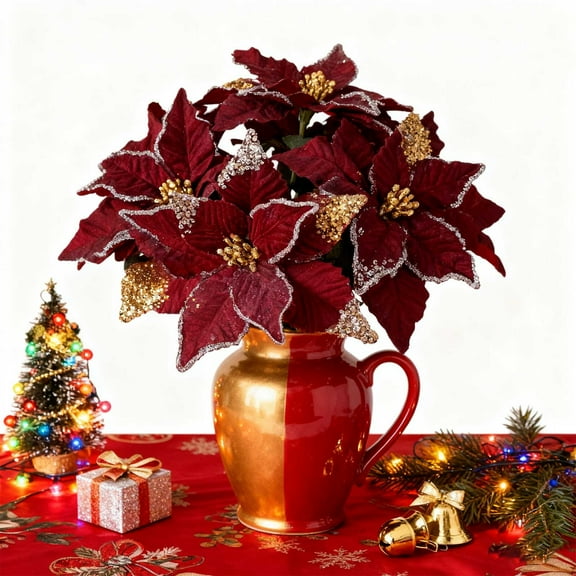 Gnmfd Wine Red Velvet Artificial Flowers, Luxury High-End Floral Decoration for Vase Arrangement Scene Layout, Elegant Holiday Poinsettia for Christmas Tree Party Home Seasonal Décor