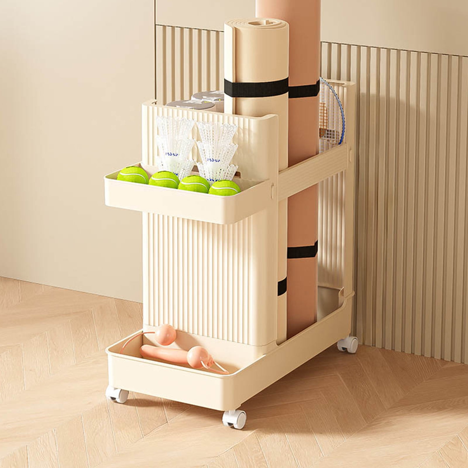 Gnmfd Yoga Mat Storage Basket, Household Trolley Fitness Equipment Storage Rack, Multi-purpose Badminton and Sports Gear Organizer, Versatile Storage for Bathroom, Kitchen, and Study Rooms