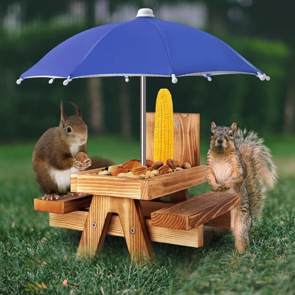 Gnodary Squirrel Feeder with Umbrella, Squirrel Feeders for Outside, Squirrel Picnic Table Feeder - Chipmunk Feeder Hold Corn, Corn Cob, Peanuts (Blue)