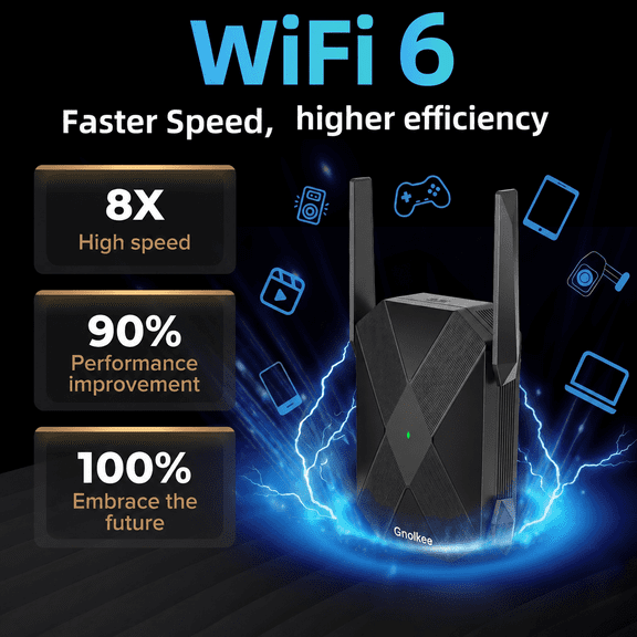 Gnolkee AX3000 Wifi 6 Range Extender, High-Speed 3000Mbps Dual Band Internet Booster & Signal Amplifier with Gigabit Port, Black.
